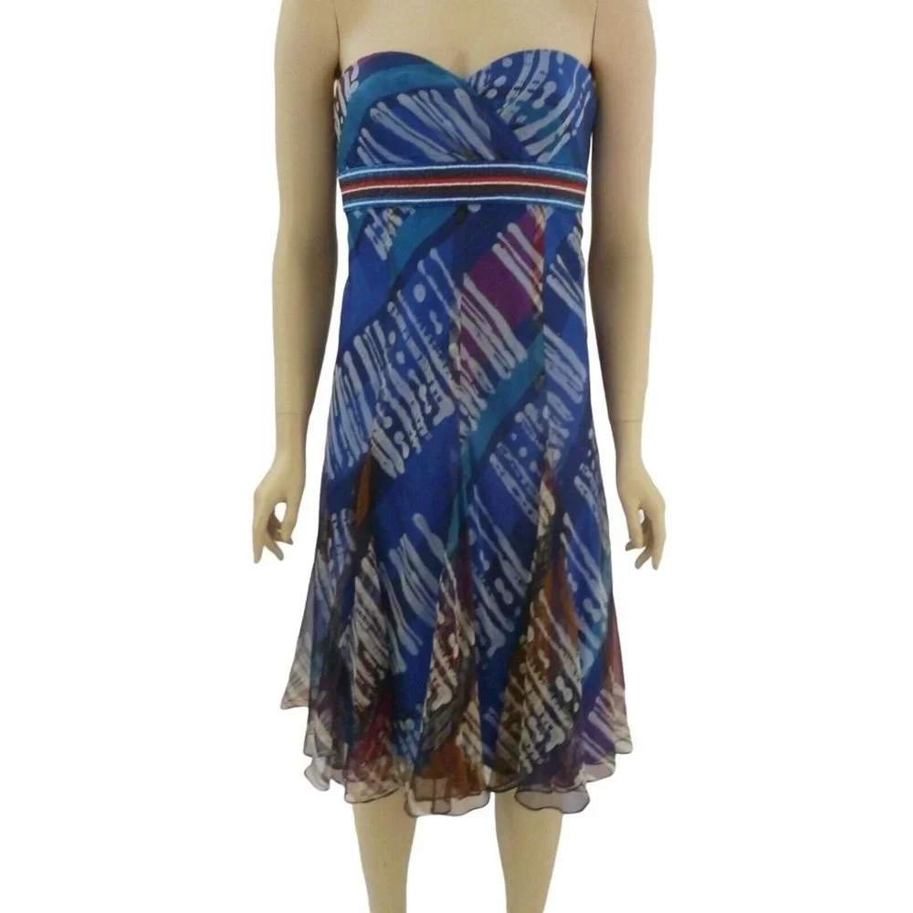 Carmen Marc Valvo Blue Strapless Dress Beaded Silk Summer 8